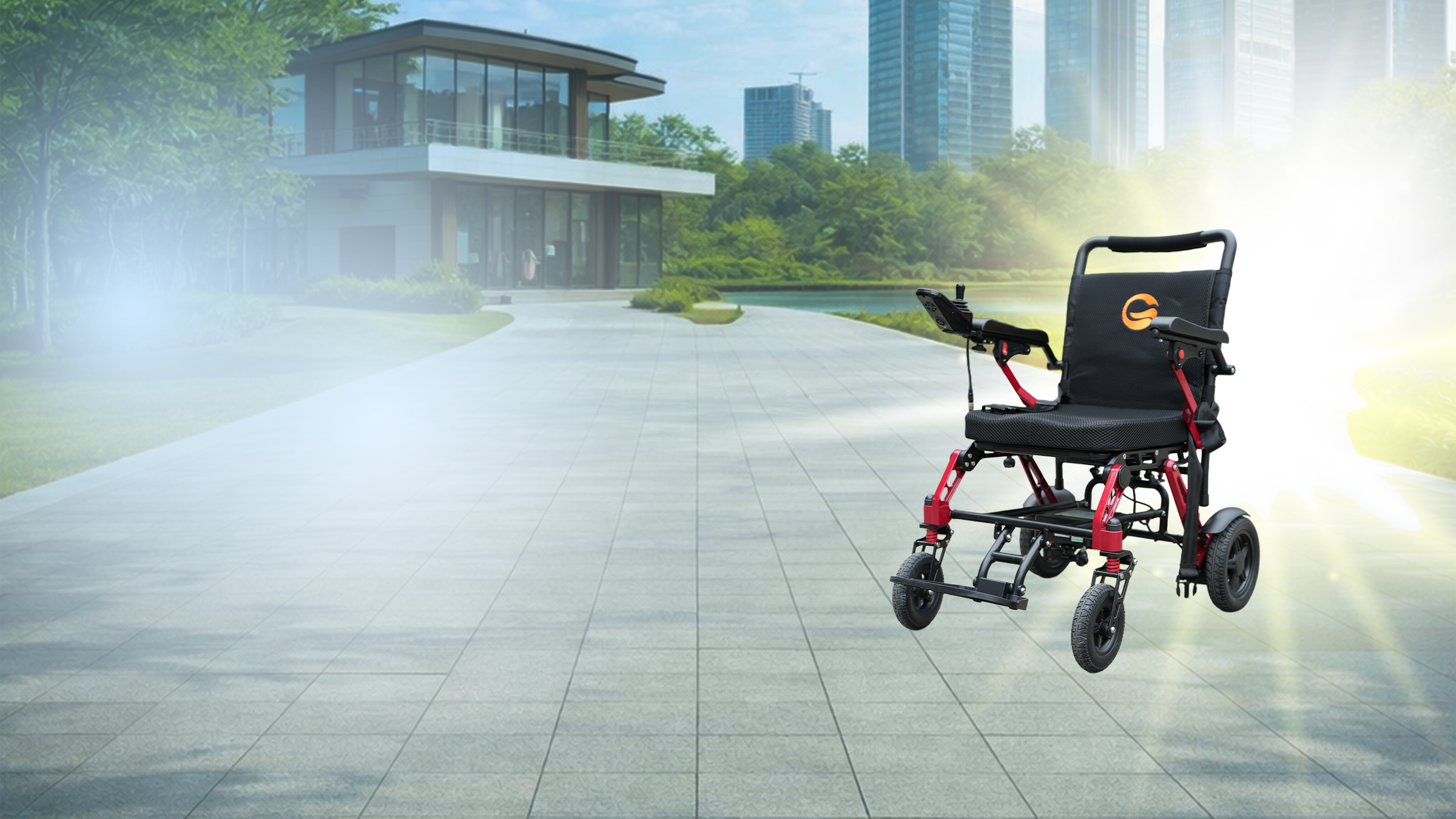 A compact electric wheelchair with a black seat and backrest and red frame accents, shown floating over a paved outdoor walkway with modern buildings and trees in the background.