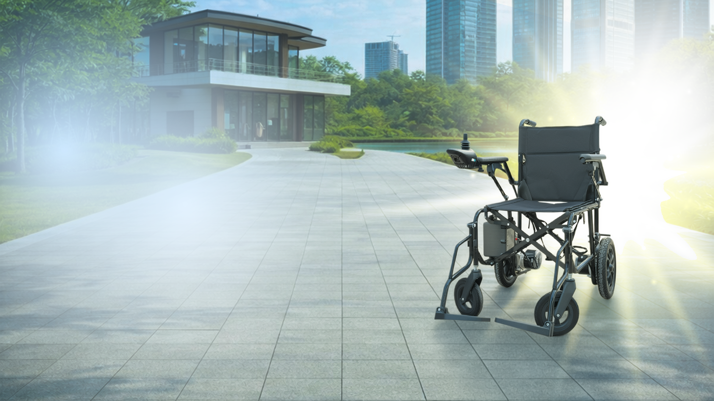 A black electric wheelchair is shown on a paved outdoor walkway in a modern urban park setting with a building and tall skyscrapers in the background. Bright sunlight is shining from the right side, creating a lens flare.