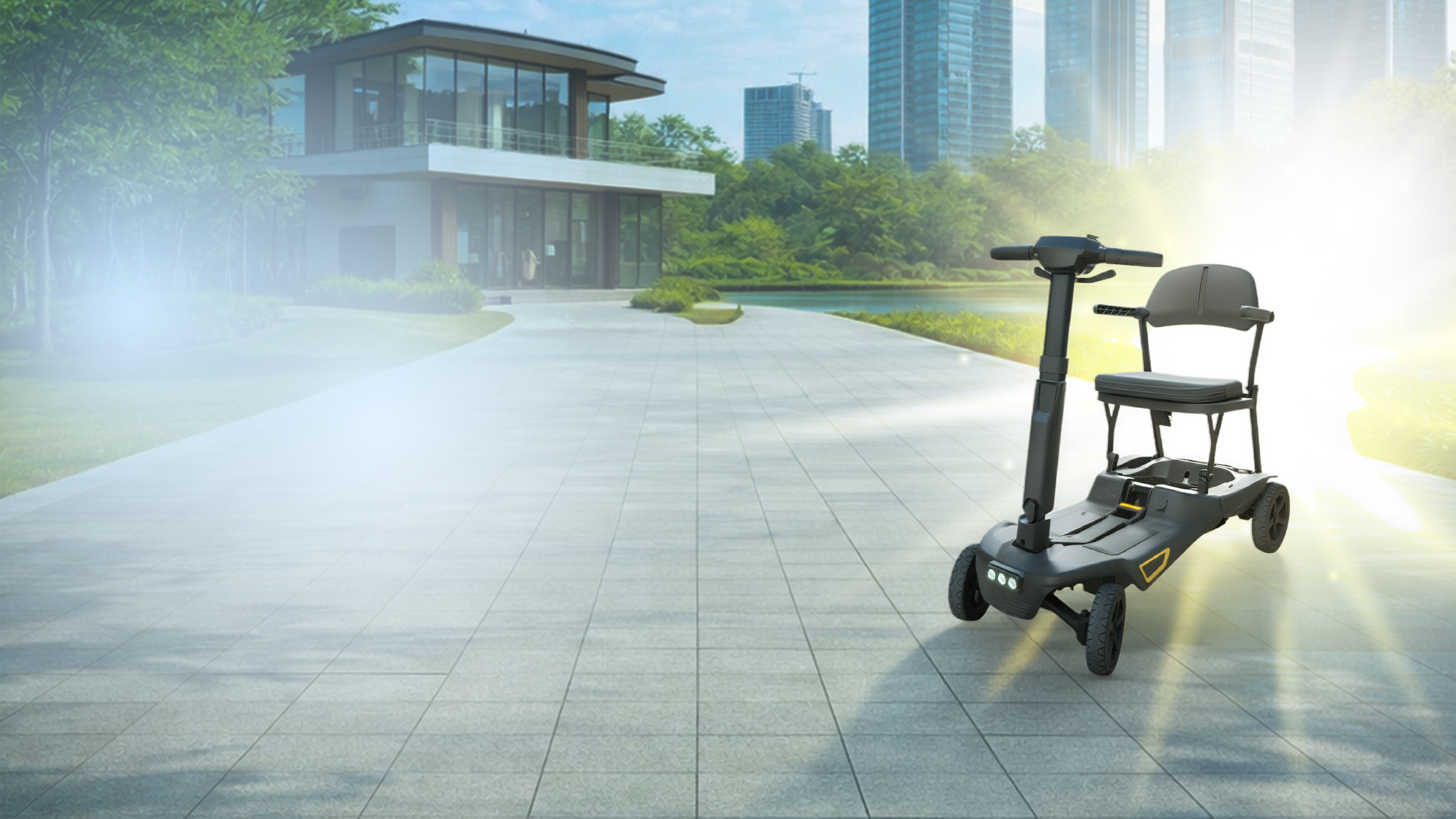 A black electric mobility scooter with an integrated seat is shown on a paved outdoor walkway in a modern park-like setting with buildings and bright sunlight.