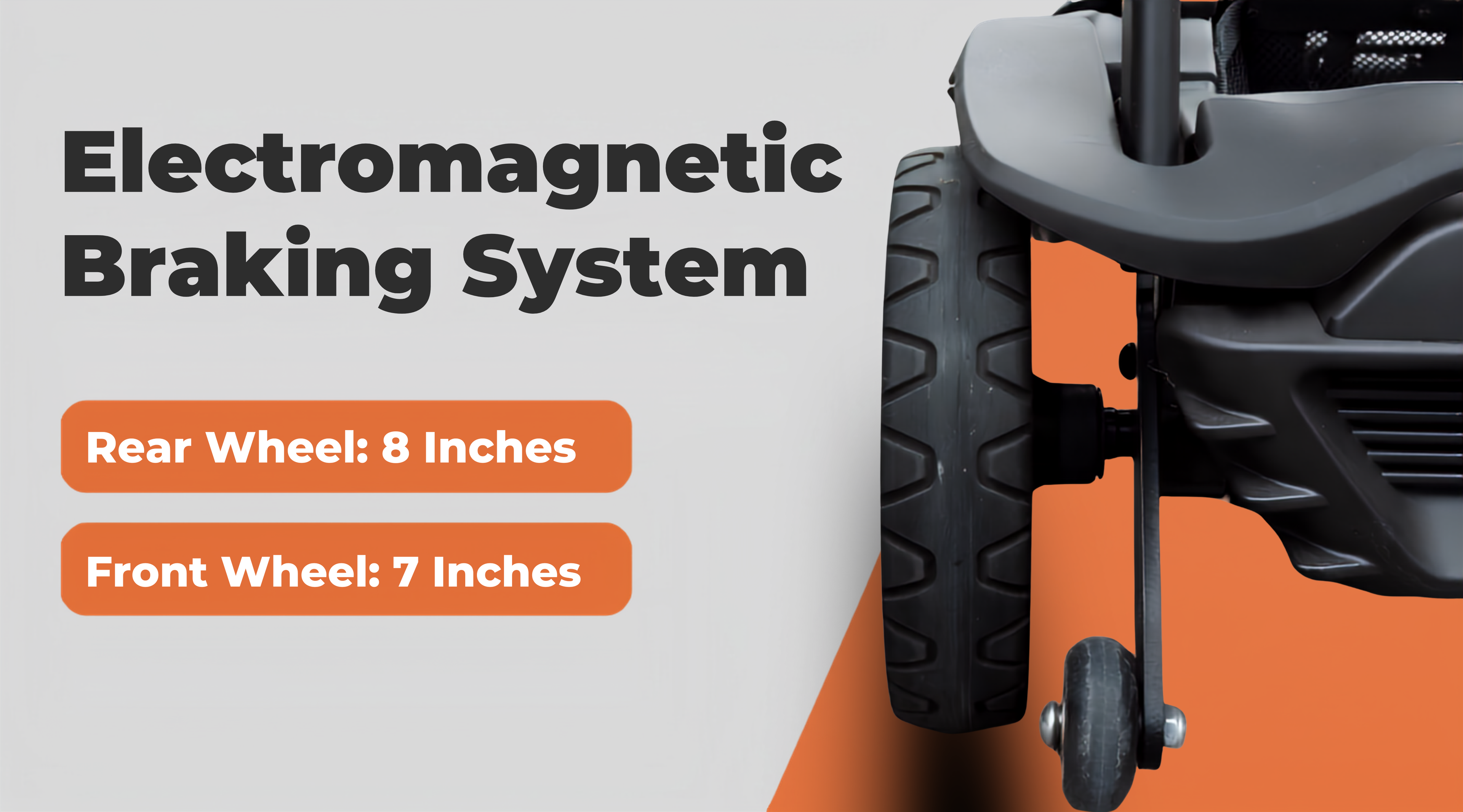 Lawn mower with electromagnetic braking system details on a gray and orange background