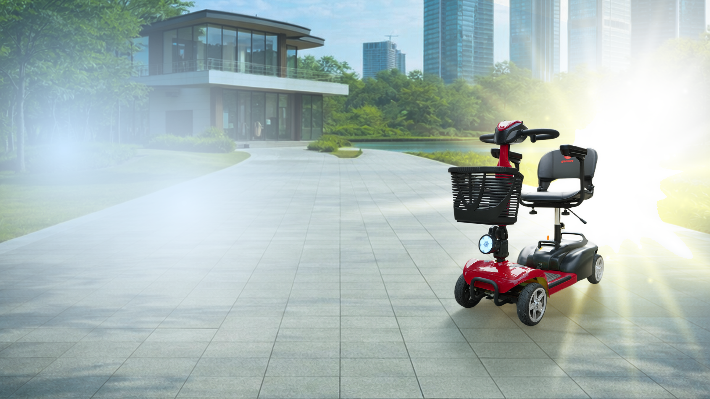 A red and black three-wheel electric mobility scooter with a seat and front basket, shown on a paved outdoor path in a modern park-like setting with buildings and bright sunlight.