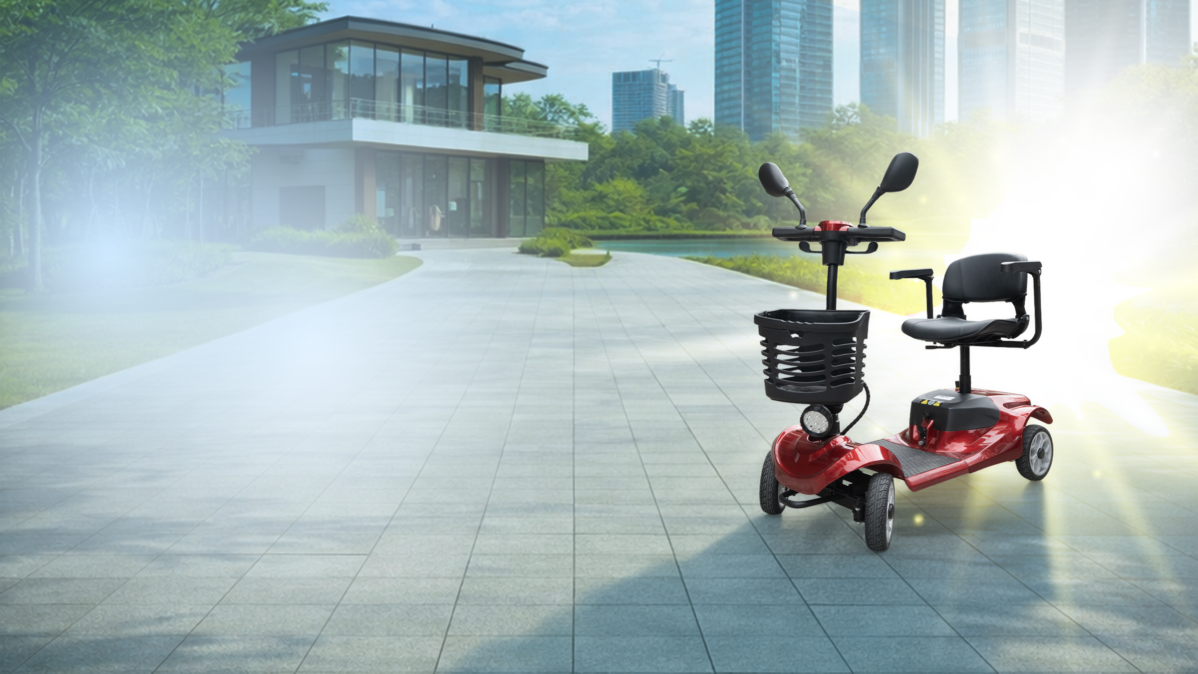 A red three-wheeled electric mobility scooter with a black seat, basket, and mirrors, shown on a paved outdoor walkway in a modern residential area with bright sunlight and a blurred background.