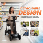 Woman using a detachable design scooter in a grocery store with promotional text and images.