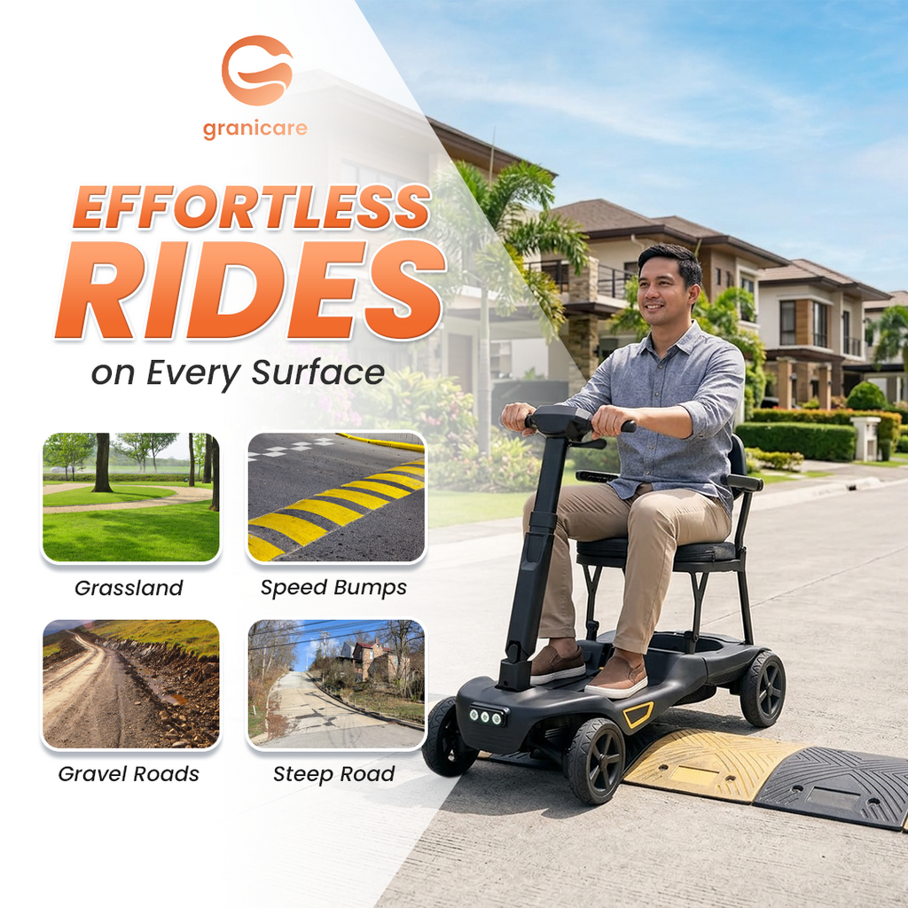 Man riding a mobility scooter with 'Granicare' branding and text 'Effortless Rides on Every Surface'.