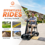 Man riding a mobility scooter with 'Granicare' branding and text 'Effortless Rides on Every Surface'.