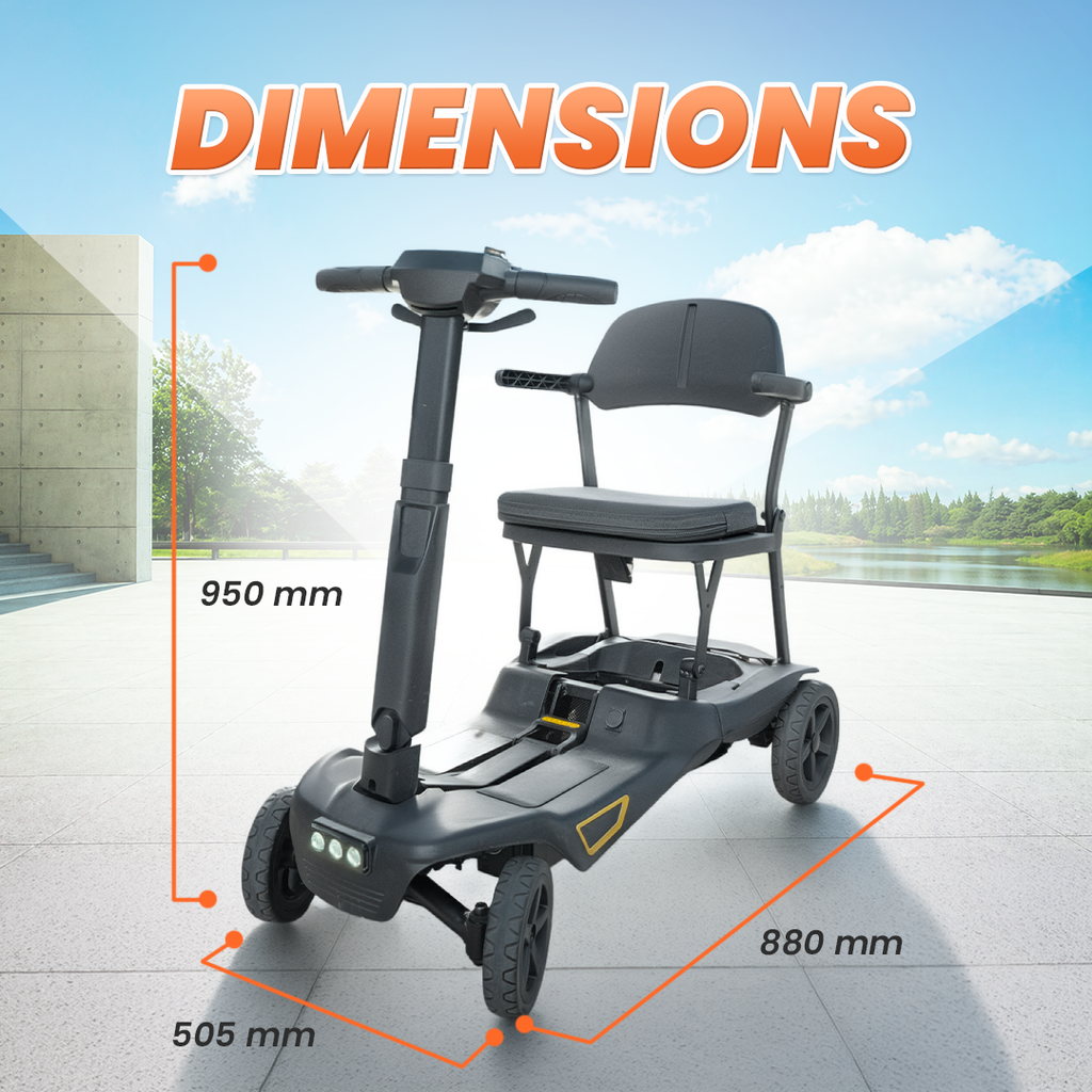 Mobility scooter with dimensions displayed on a clear sky background