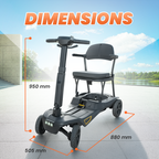 Mobility scooter with dimensions displayed on a clear sky background
