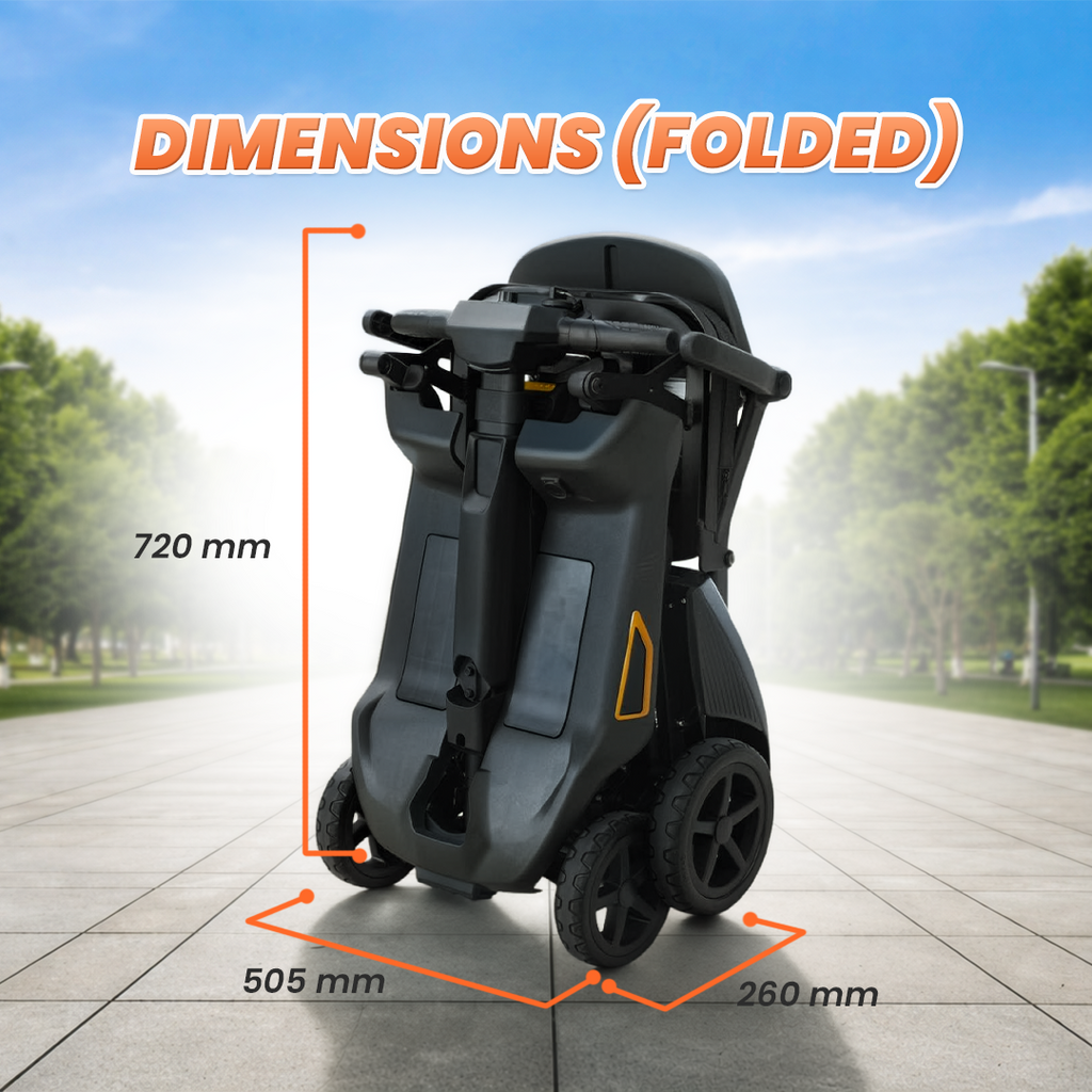 Folded mobility scooter with dimensions labeled on a blurred park background