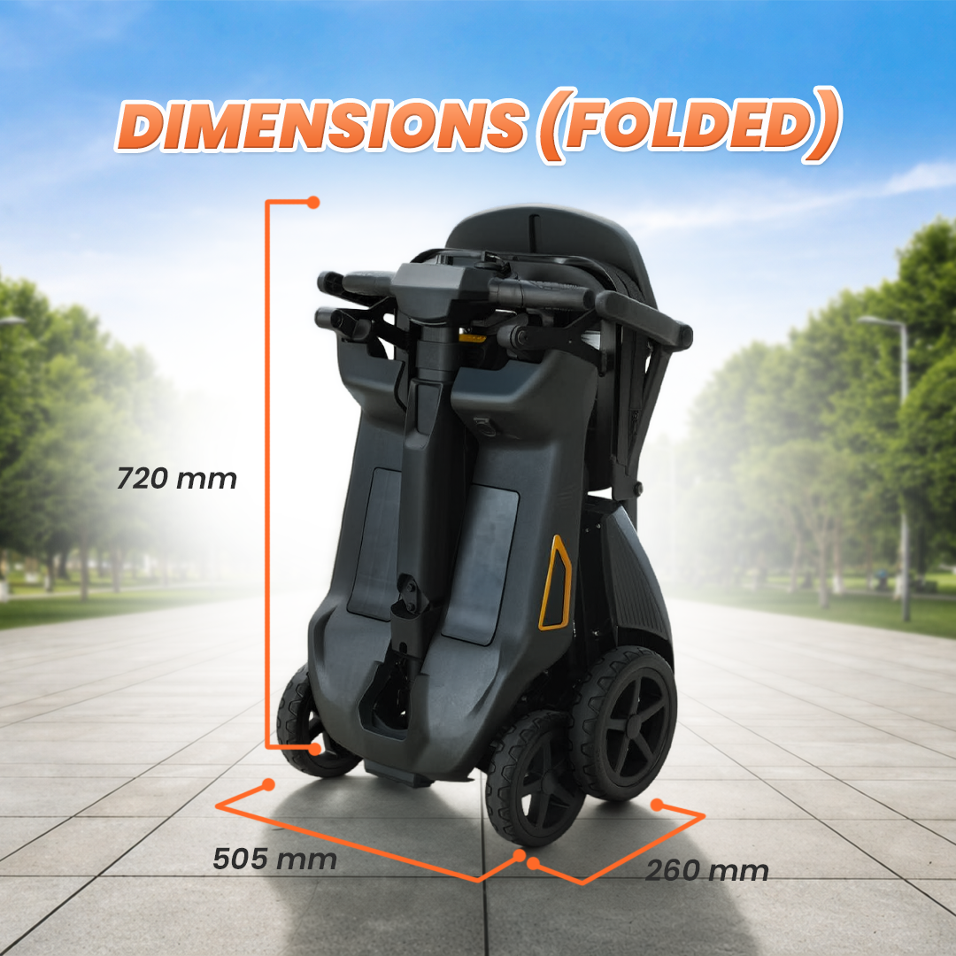 Folded mobility scooter with dimensions labeled on a blurred park background