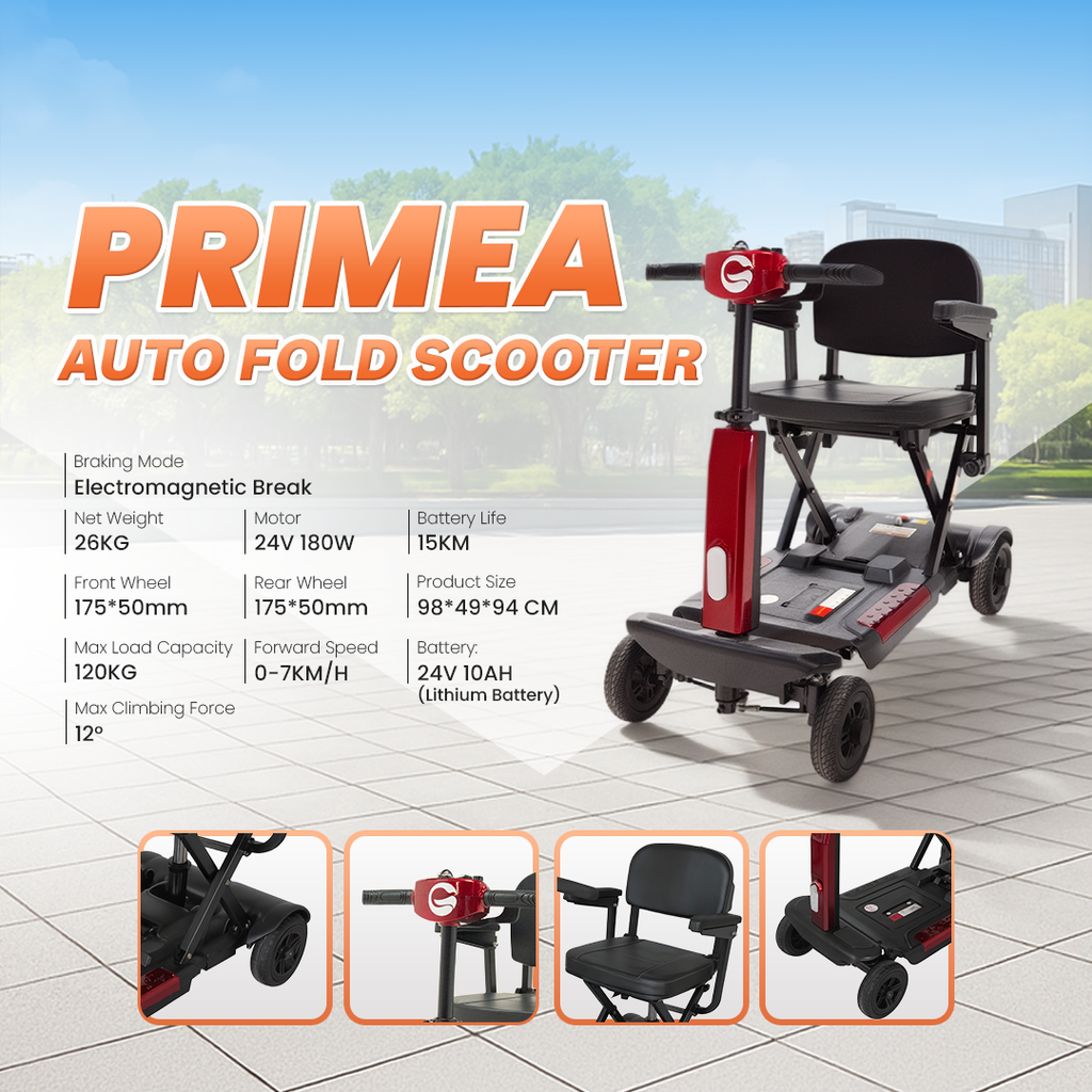 A promotional graphic for the PRIMEA Auto Fold Scooter, showing the red and black electric folding scooter on a tiled outdoor patio with a blurred background. The image includes large orange text, a list of specifications on the left, and four small inset images along the bottom showing different angles of the folded and unfolded scooter.