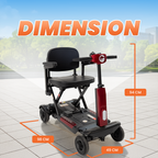 A mobility scooter shown on a tiled outdoor walkway with large orange text reading 'DIMENSION' and measurement callouts indicating 98 cm width, 94 cm height, and 49 cm front wheel width.