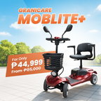 A red and black Granicare Mobile+ electric scooter with a front basket, shown outdoors on a paved surface with a blue sky and trees in the background. Promotional text overlays read 'GRANICARE MOBLITE+' and 'For Only P44,999 From P85,000'.