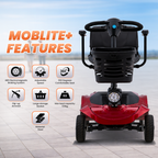 Red and black electric motorized wheelchair shown from the front on a paved outdoor surface with a blurred sky background. Large text reads 'MOBILITE+ FEATURES' with feature icons along the left side.