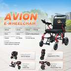 AVION E-Wheelchair promotional graphic showing a black and red electric wheelchair on a paved outdoor-style background, with large orange 'AVION E-WHEELCHAIR' text and multiple specification callouts and feature icons around it.