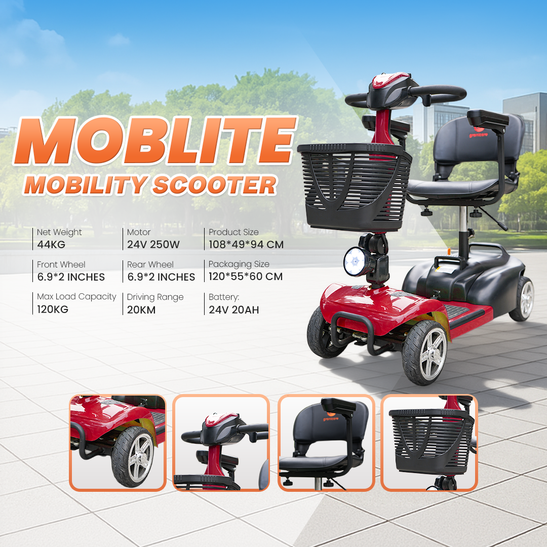 Red and black MOBLITE mobility scooter shown on a paved outdoor-style background with large product specs text on the left and four inset detail views along the bottom. The main subject is the scooter itself, not a person or environment, so this is Product/Packaging rather than Lifestyle.