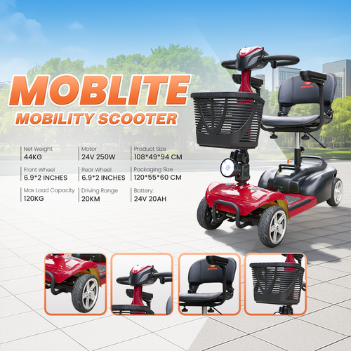 Red and black MOBLITE mobility scooter shown on a paved outdoor-style background with large product specs text on the left and four inset detail views along the bottom. The main subject is the scooter itself, not a person or environment, so this is Product/Packaging rather than Lifestyle.