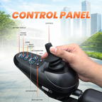 A black joystick control panel with labeled callouts including battery display, power button, horn, speed display, acceleration, SOS, deceleration, and mute button, shown against a blurred outdoor city background with a hand holding the joystick.