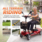 A red and black mobility scooter with a front basket is shown being ridden by an older woman on a paved path in a residential area. The image includes promotional text reading 'ALL TERRAIN RIDING' and four inset photos showing the scooter on lawns, speed bumps, gravel roads, and a 15-degree ramp.