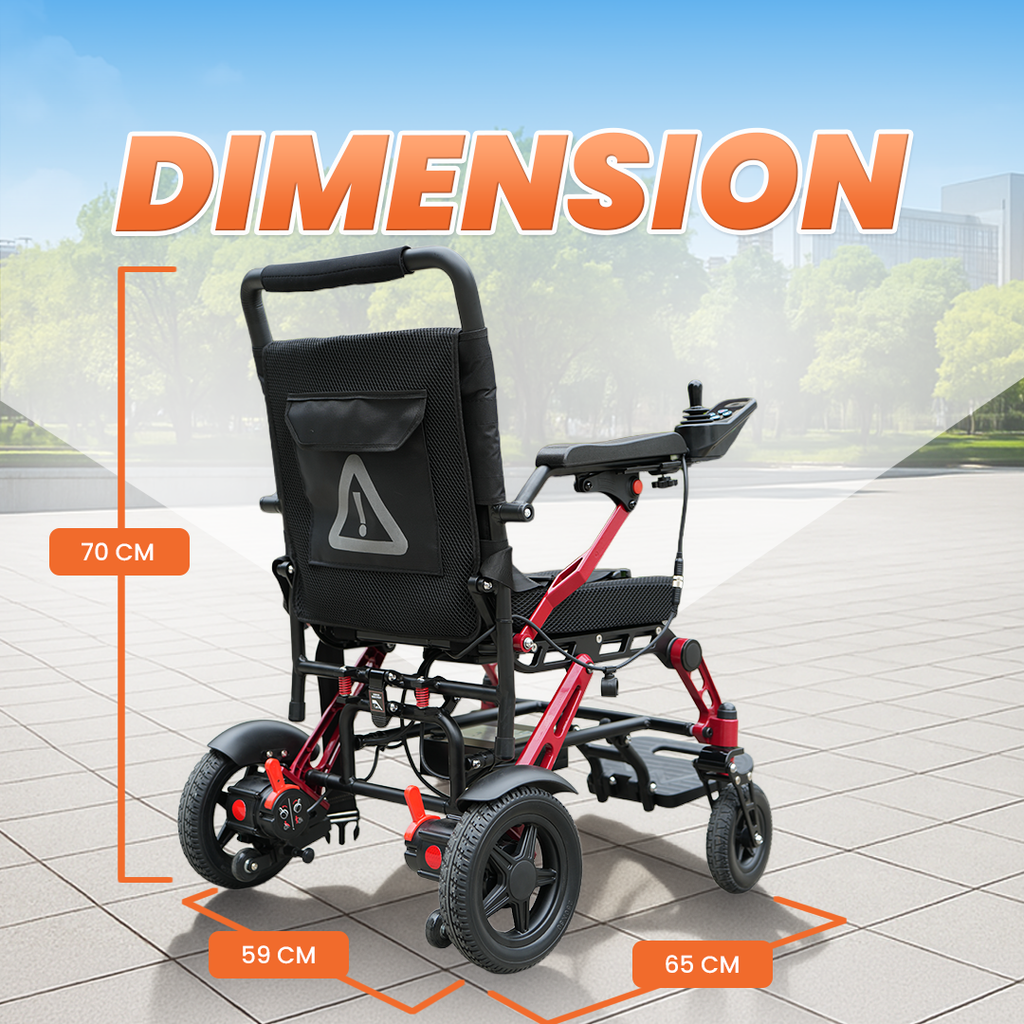 An electric wheelchair shown on a paved outdoor walkway with large orange text reading 'DIMENSION' and measurement callouts indicating 70 cm height, 59 cm width, and 65 cm depth.