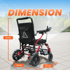 An electric wheelchair shown on a paved outdoor walkway with large orange text reading 'DIMENSION' and measurement callouts indicating 70 cm height, 59 cm width, and 65 cm depth.