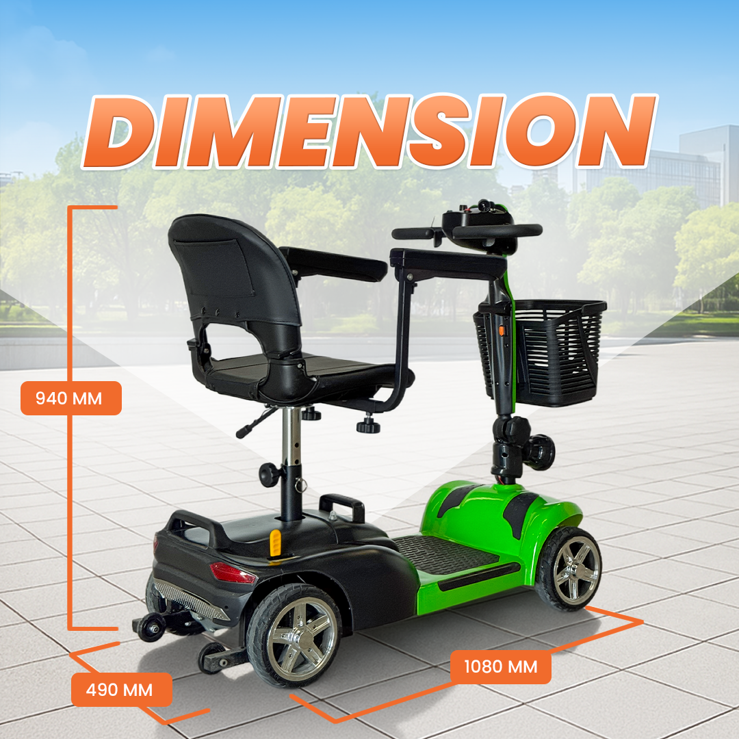 An electric mobility scooter with a black seat, black basket, and bright green body panels, shown on a tiled outdoor walkway with large orange text reading 'DIMENSION' and measurement callouts for 940 MM, 490 MM, and 1080 MM.