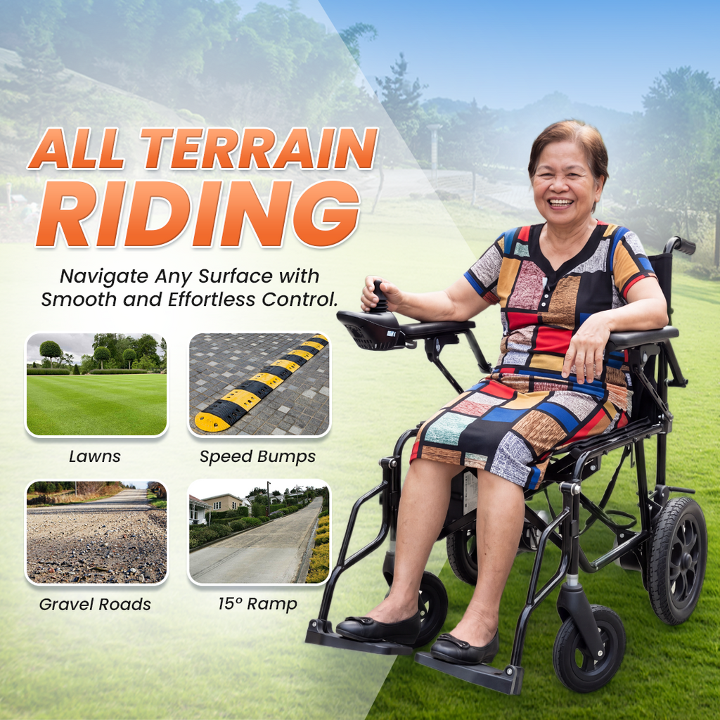 An older woman smiling while seated in a black motorized wheelchair on a golf course, with large text reading 'ALL TERRAIN RIDING' and small inset photos showing the wheelchair on lawns, speed bumps, gravel roads, and a 15° ramp.