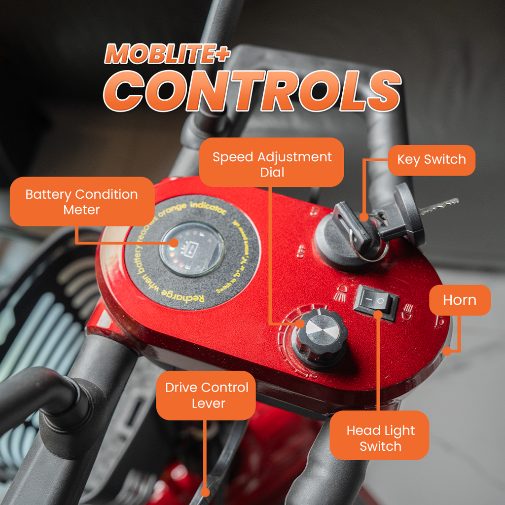 Close-up of a red MOBILITE+ controls panel on a vehicle, with orange callout labels pointing to the battery condition meter, speed adjustment dial, key switch, horn, drive control lever, and head light switch.