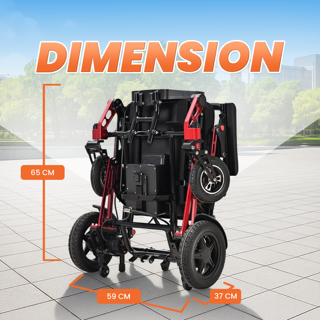 A folded electric wheelchair shown on a paved outdoor surface with large orange text reading 'DIMENSION' and measurement callouts indicating 65 cm height, 59 cm width, and 37 cm depth.