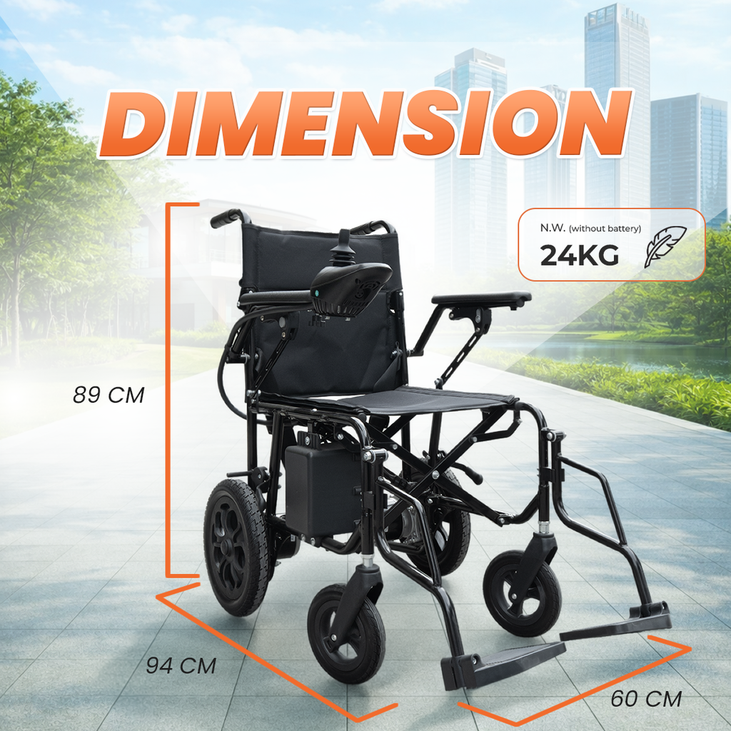 An electric wheelchair shown on a city walkway with orange dimension lines and text indicating height 89 cm, width 94 cm, and footrest depth 60 cm, plus a note for N.W.
