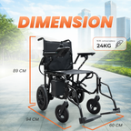 An electric wheelchair shown on a city walkway with orange dimension lines and text indicating height 89 cm, width 94 cm, and footrest depth 60 cm, plus a note for N.W.