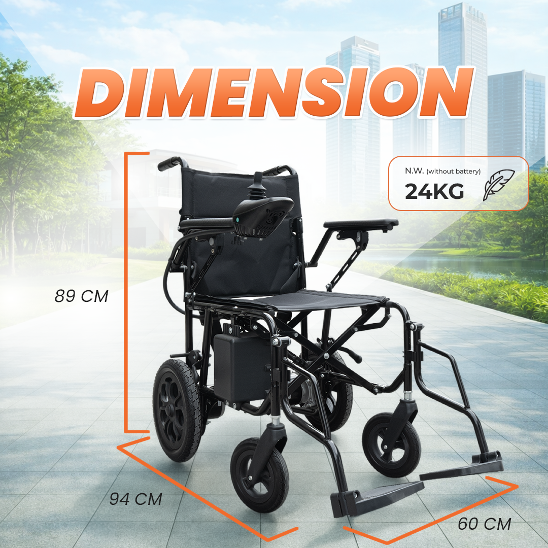 An electric wheelchair shown on a city walkway with orange dimension lines and text indicating height 89 cm, width 94 cm, and footrest depth 60 cm, plus a note for N.W.