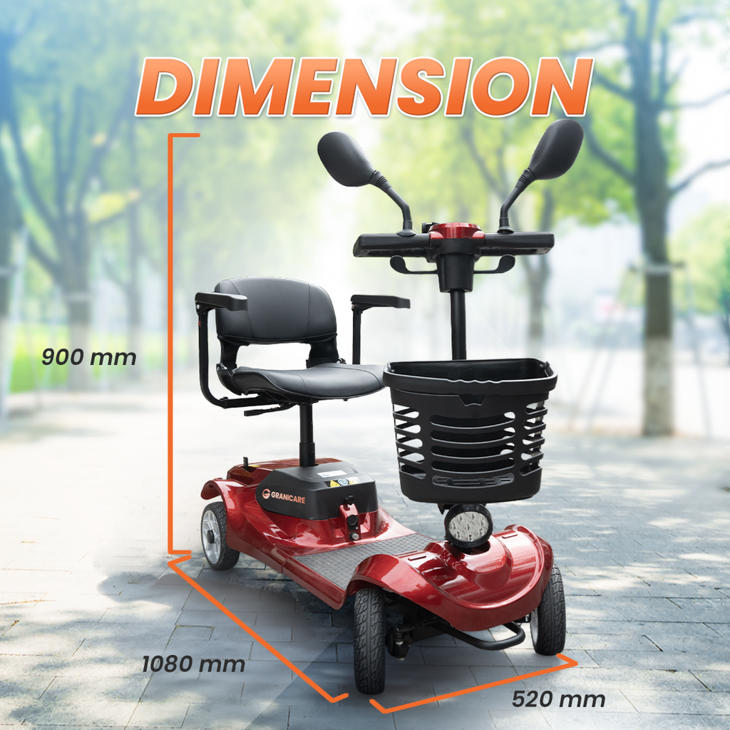 A red and black electric mobility scooter shown on a blurred outdoor path with measurement annotations and the word “DIMENSION” in orange text, indicating width, length, and height.