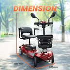 A red and black electric mobility scooter shown on a blurred outdoor path with measurement annotations and the word “DIMENSION” in orange text, indicating width, length, and height.