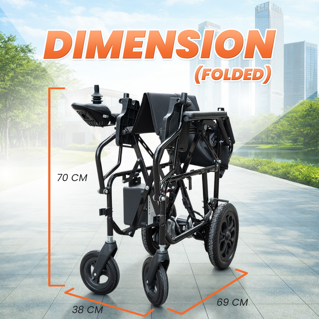 Folded black electric wheelchair shown on a paved outdoor path with overlaid dimension lines and text reading 70 CM height, 38 CM width, and 69 CM depth, plus large 'DIMENSION (FOLDED)' text at the top.