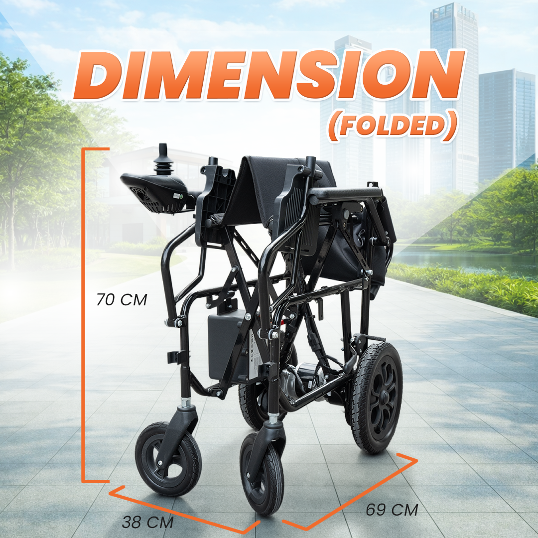 Folded black electric wheelchair shown on a paved outdoor path with overlaid dimension lines and text reading 70 CM height, 38 CM width, and 69 CM depth, plus large 'DIMENSION (FOLDED)' text at the top.