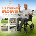 Man using a all terrain wheelchair with Granicare branding on a grassy background