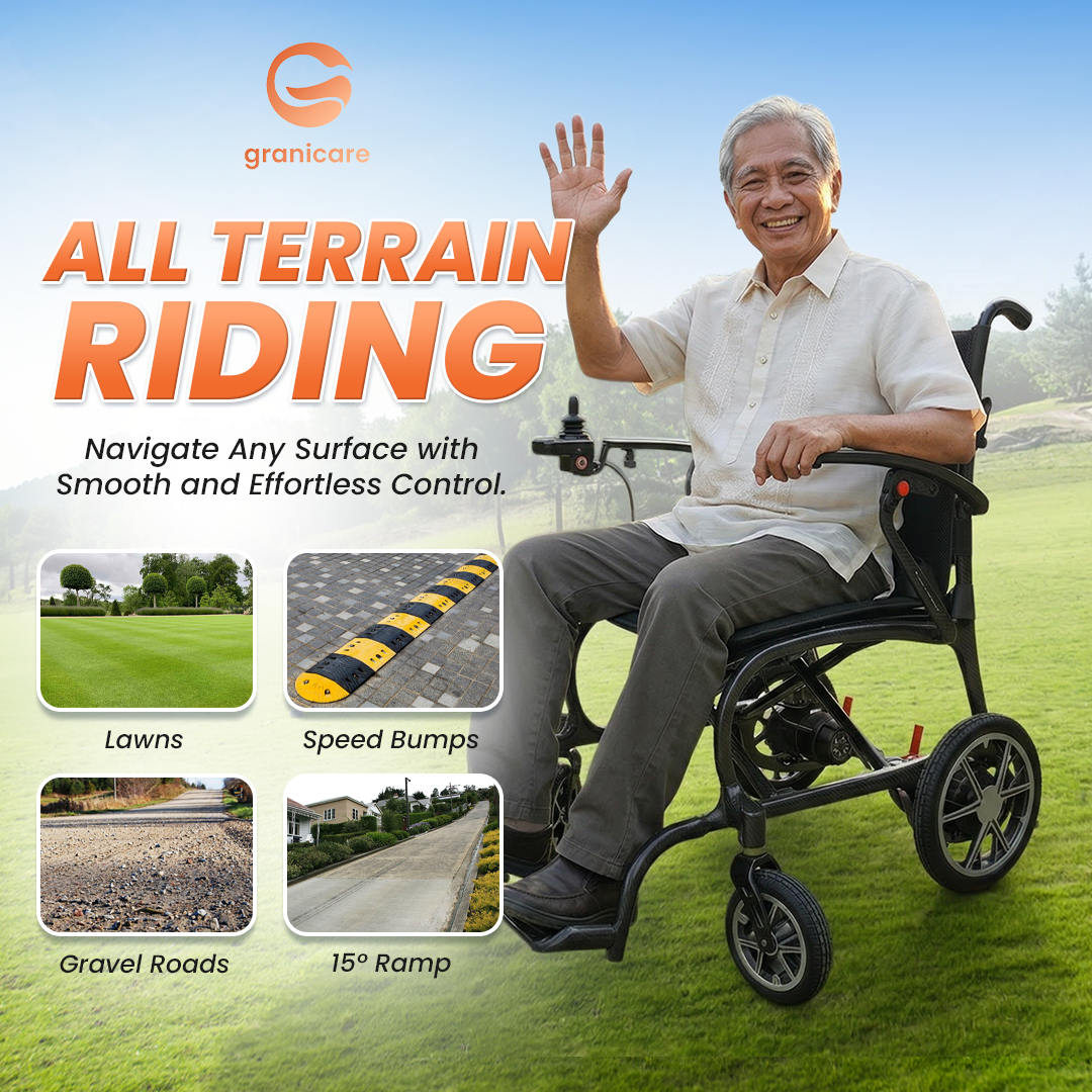 Man using a all terrain wheelchair with Granicare branding on a grassy background