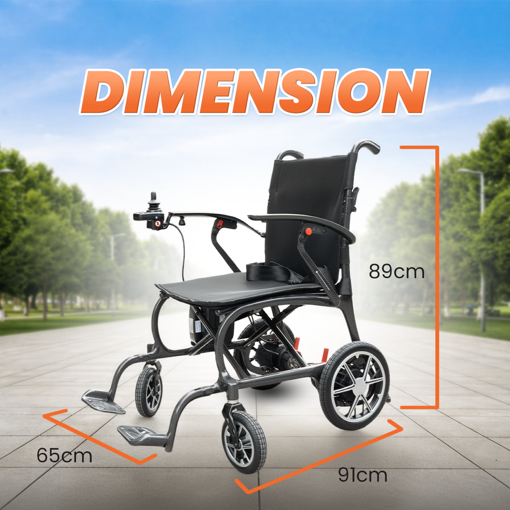 Foldable wheelchair with dimensions displayed outdoors