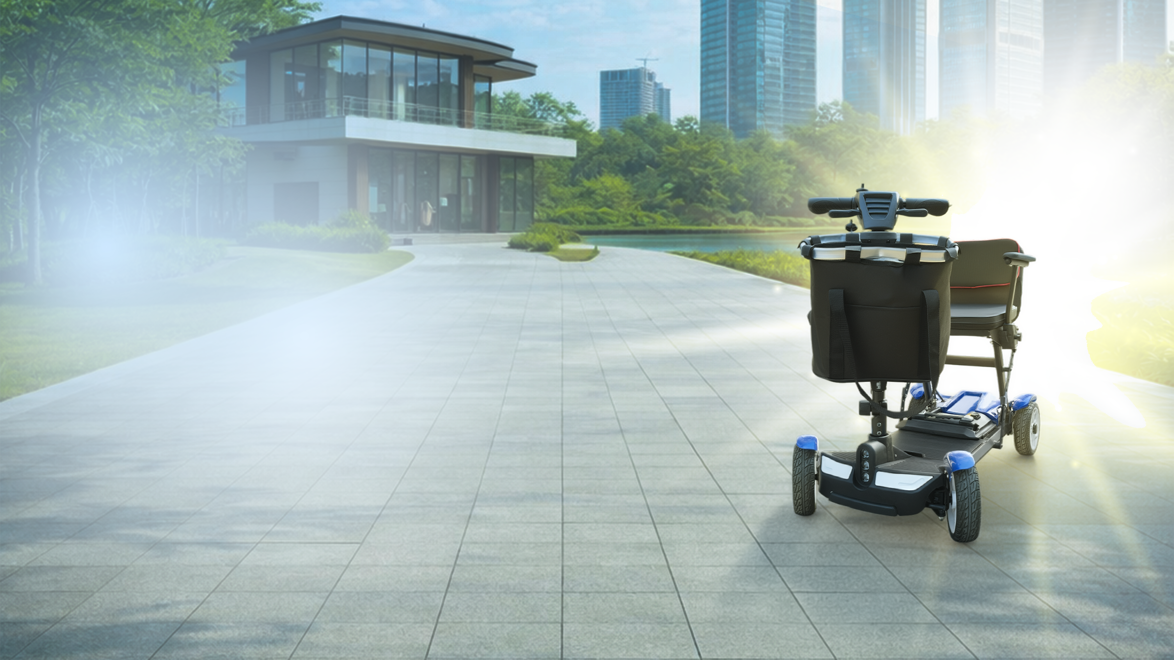A three-wheeled electric mobility scooter with a rear seat is shown on a paved outdoor walkway in a modern park-like urban setting with buildings and bright sunlight.