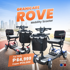 Three Granicare Rove mobility scooters are shown on a road with a city skyline in the background. The image features promotional text 'GRANICARE ROVE Mobility Scooter', a price tag 'For Only P64,999 From P115,000', and 'AVAILABLE COLORS' with blue and red options.