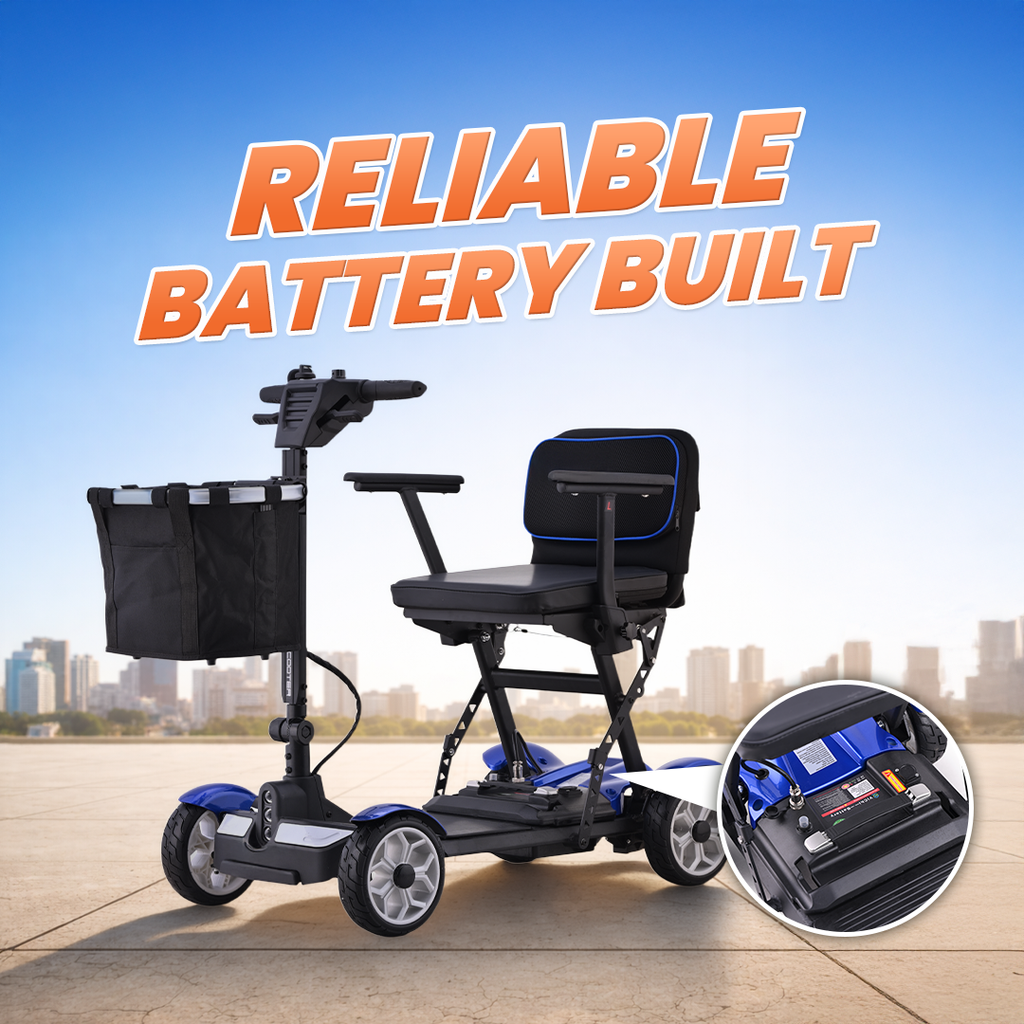 A blue and black electric mobility scooter with a seat, basket, and large wheels, shown on a paved surface with a city skyline and the text 'RELIABLE BATTERY BUILT' above it. An inset circle shows the battery compartment.