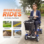 A woman in a navy blazer sits on a blue and black three-wheeled electric mobility scooter on a paved outdoor path. Large promotional text reads 'EFFORTLESS RIDES on Every Surface,' with small inset photos showing the scooter on grass, speed bumps, gravel roads, and a steep road.