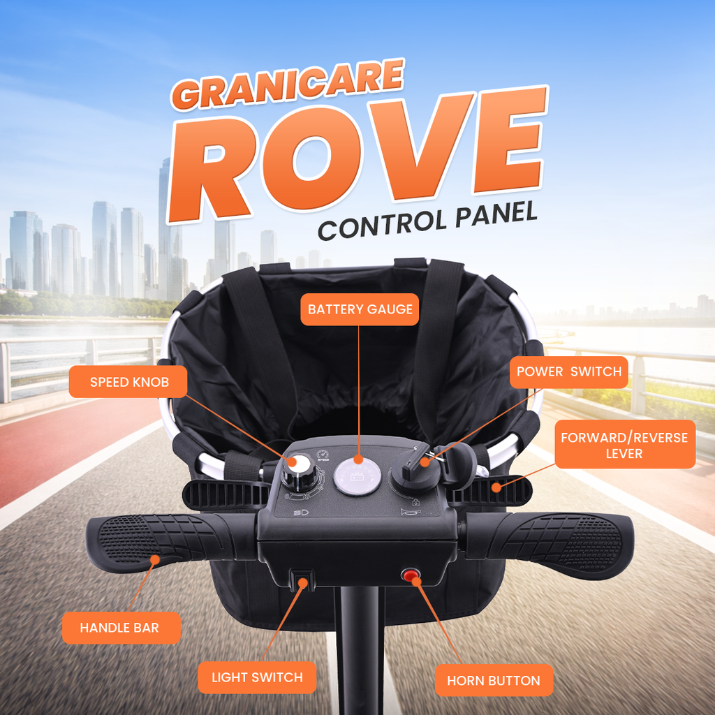 An instructional graphic showing a black electric scooter or bicycle handlebar control panel with labeled callouts for speed knob, battery gauge, power switch, forward/reverse lever, handle bar, light switch, and horn button, over a blurred road scene with large 'GRANICARE ROVE CONTROL PANEL' text.