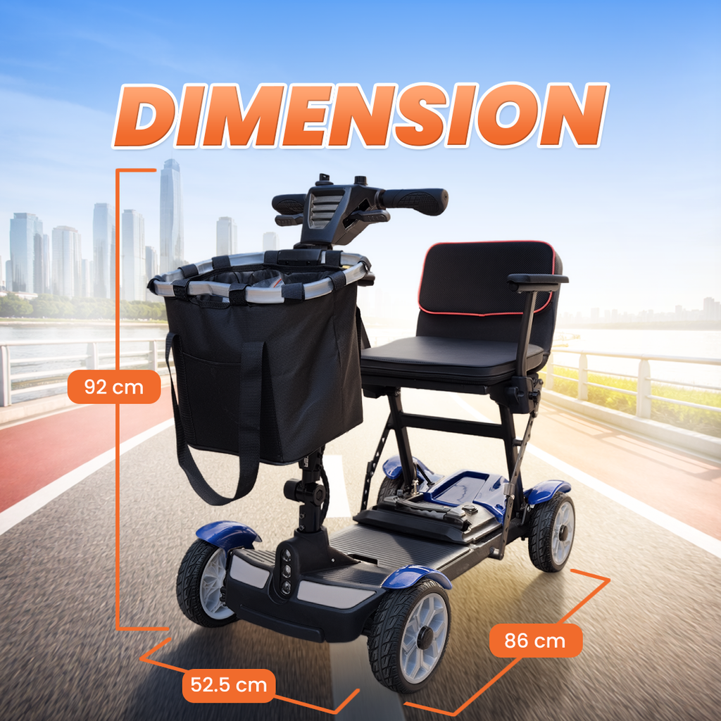 An electric mobility scooter with a black seat, black front basket, and blue wheel accents, shown on a road with overlaid dimension labels and the word 'DIMENSION' in large orange text.