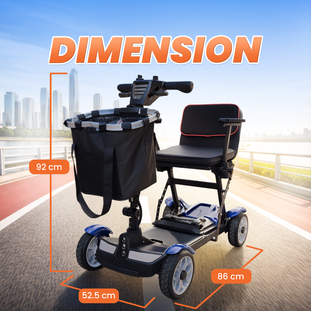 An electric mobility scooter with a black seat, black front basket, and blue wheel accents, shown on a road with overlaid dimension labels and the word 'DIMENSION' in large orange text.