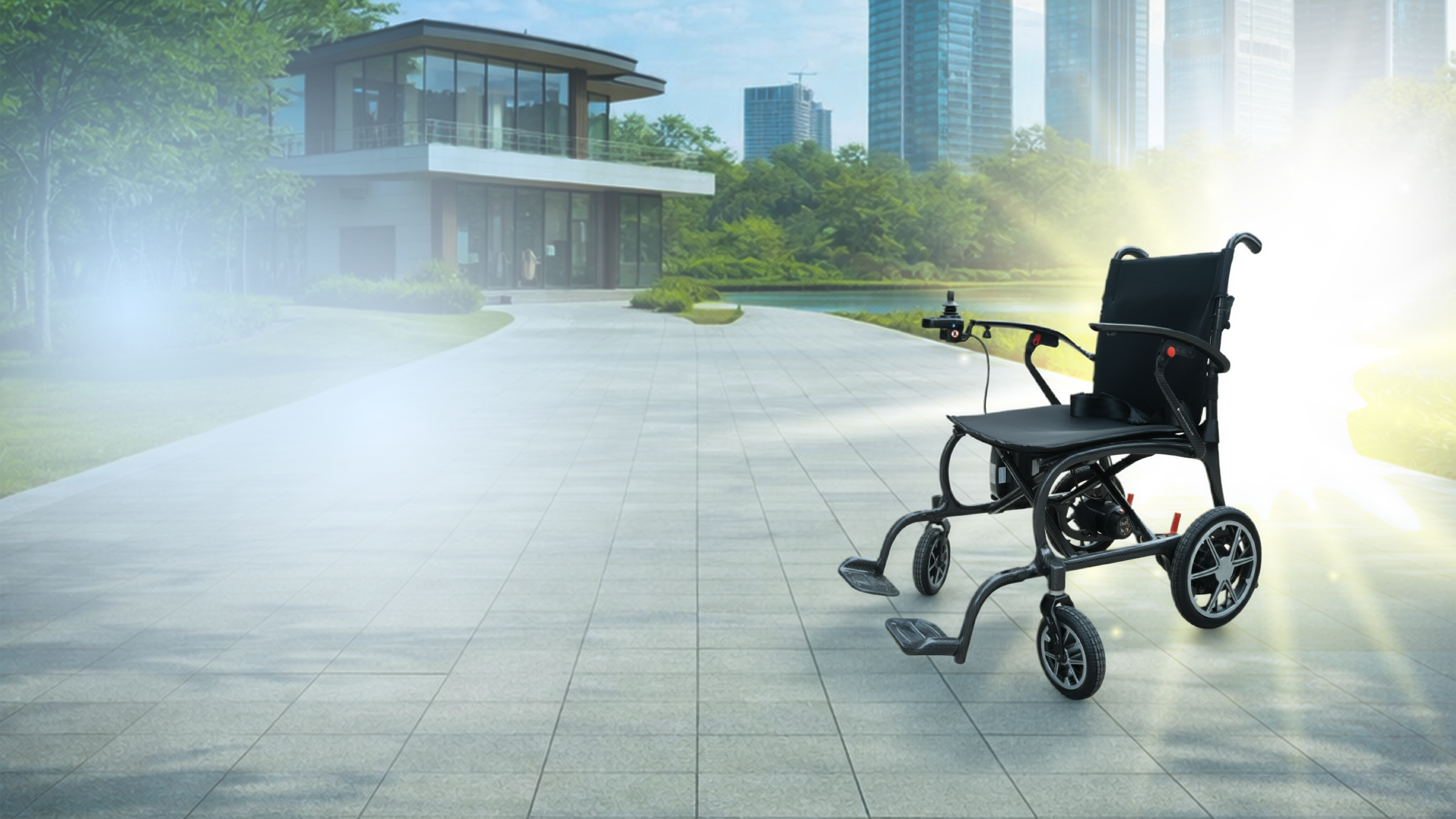 A black electric wheelchair with folding legs and small front wheels is shown outdoors on a paved walkway in a modern park-like urban setting with buildings and trees in the background.